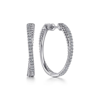 Sterling Silver White Sapphire Twisted Bujukan 30mm Classic Hoop Earrings
