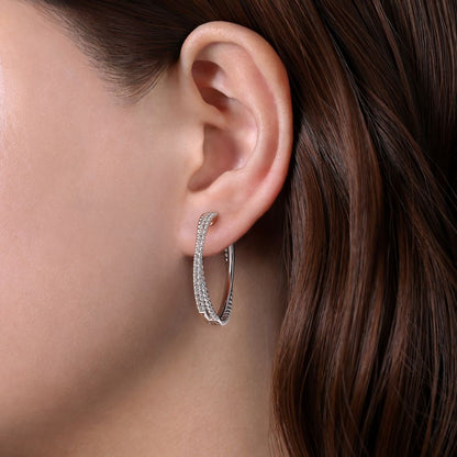 Sterling Silver White Sapphire Twisted Bujukan 30mm Classic Hoop Earrings