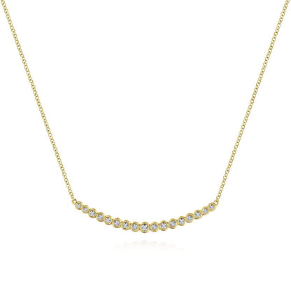 14K Yellow Gold Curved Bar Necklace with Bezel Set Round Diamonds