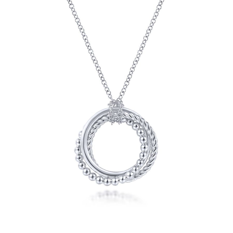 Sterling Silver Triple Circle Beaded and Twisted and Plain Necklace