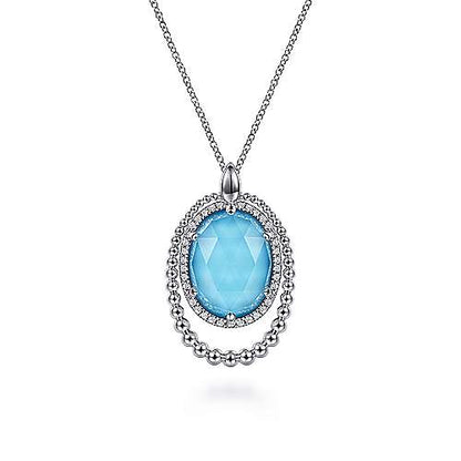 STERLING SILVER WHITE SAPPHIRE AND ROCK CRYSTAL AND TURQUOISE PENDANT NECKLACE