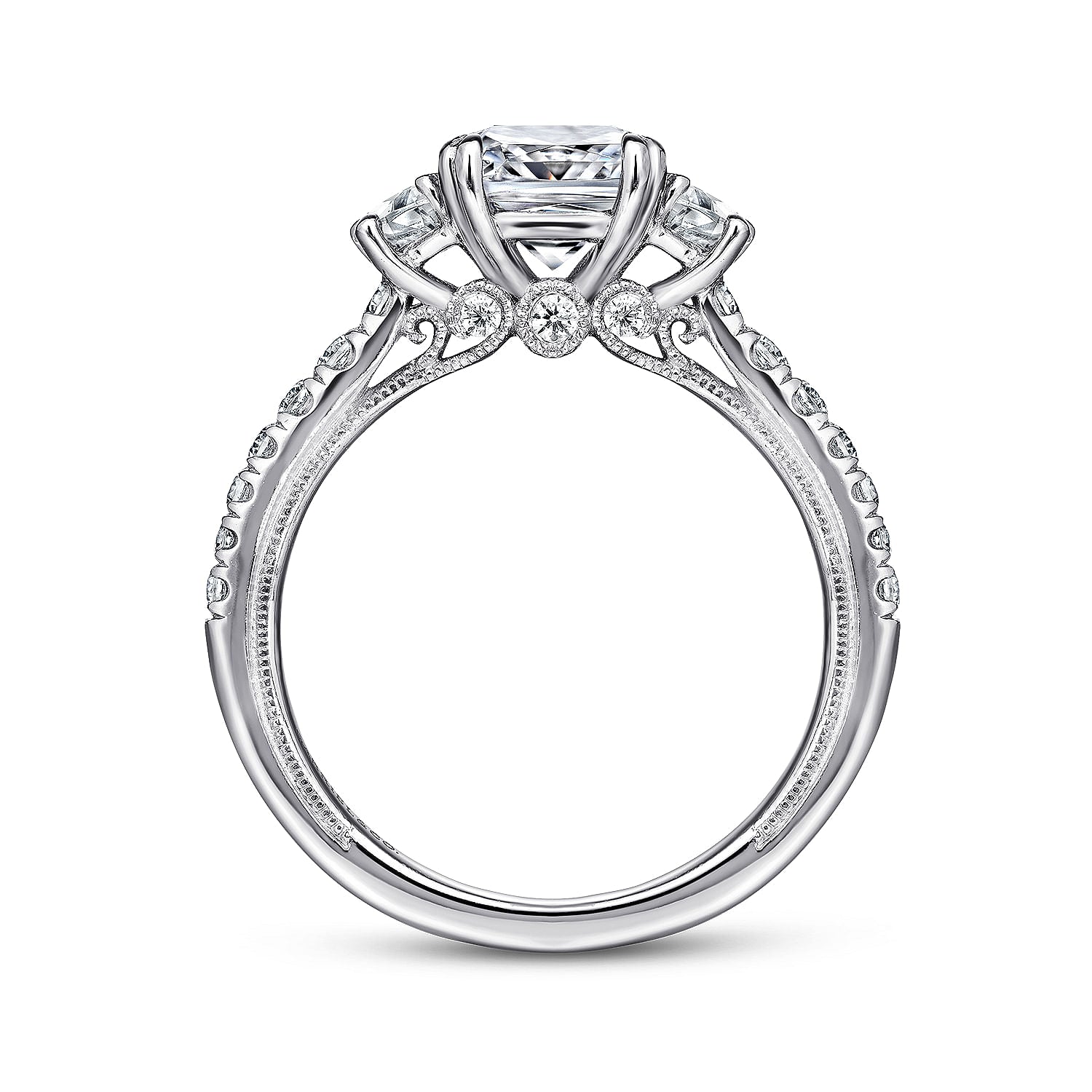 14K WHITE GOLD CUSHION CUT THREE STONE DIAMOND ENGAGEMENT RING