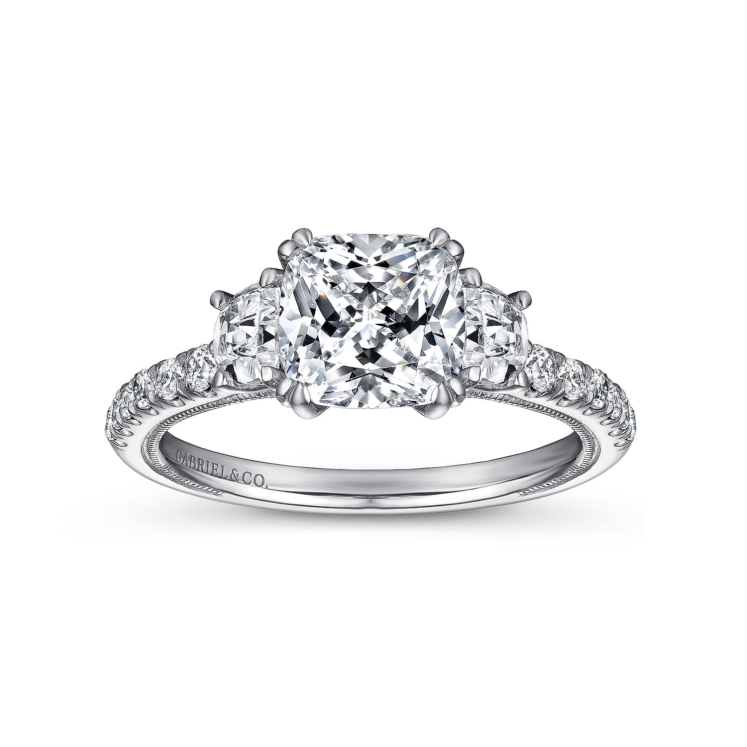 14K WHITE GOLD CUSHION CUT THREE STONE DIAMOND ENGAGEMENT RING