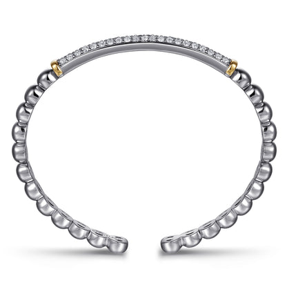 14 KARAT YELLOW GOLD AND STERLING SILVER BUJUKAN WHITE SAPPHIRE OPEN BANGLE BRACELET