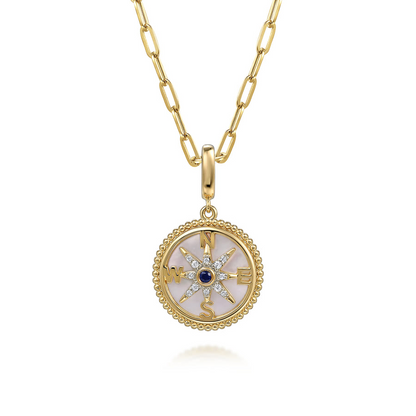 14 KARAT YELLOW GOLD 18MM BUJUKAN DIAMOND COMPASS AND MOTHER OF PEARL MEDALLION PENDANT WITH DETACHABLE BAIL