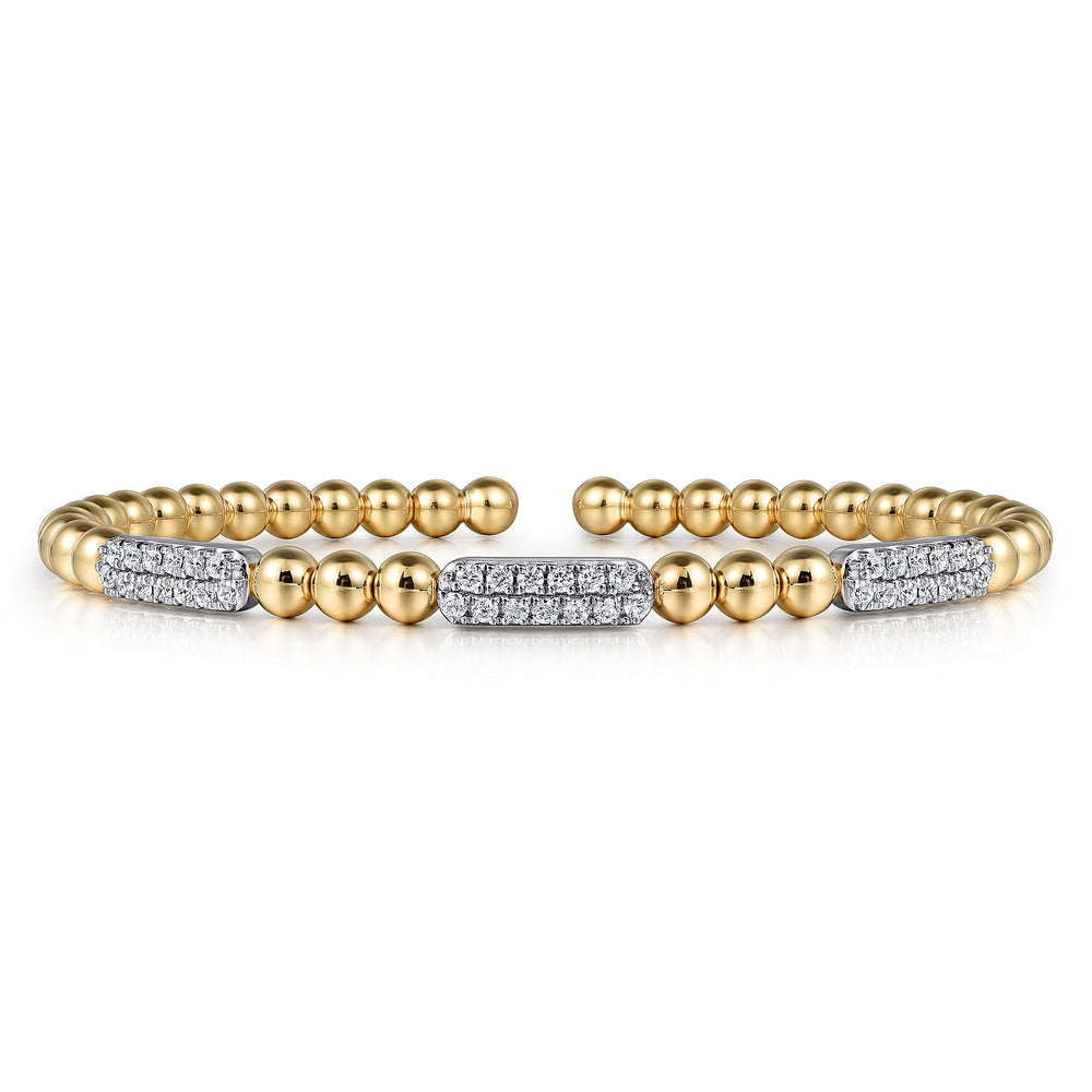 14 KARAT WHITE AND YELLOW GOLD DIAMOND PAVE THREE STATION BAR BUJUKAN BEADS BANGLE
