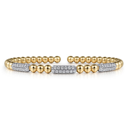 14 KARAT WHITE AND YELLOW GOLD DIAMOND PAVE THREE STATION BAR BUJUKAN BEADS BANGLE