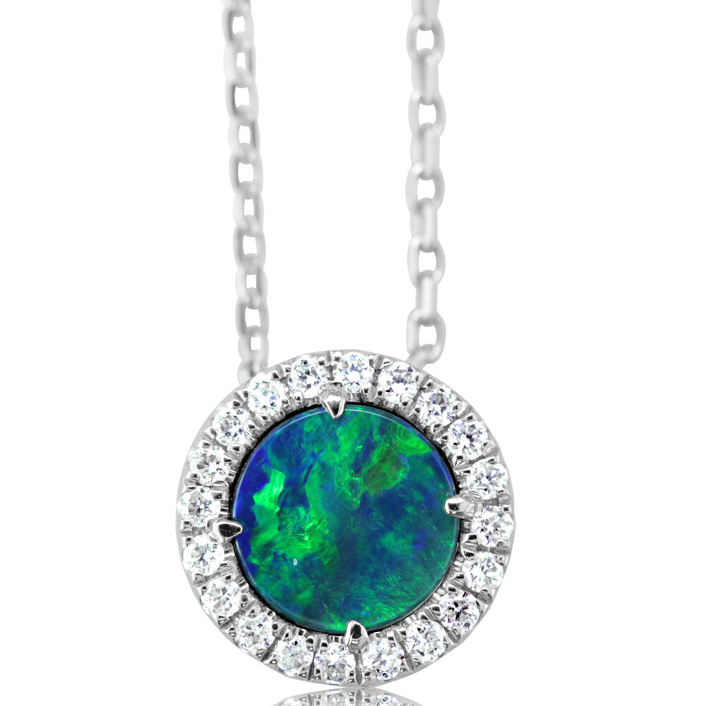 14K WHITE GOLD AUSTRALIAN OPAL DOUBLET/DIAMOND PENDANT