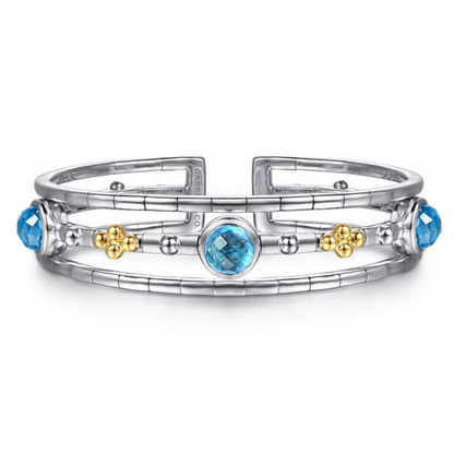 14K YELLOW GOLD AND STERLING SILVER BUJUKAN ROUND BLUE TOPAZ CUFF BANGLE BRACELET