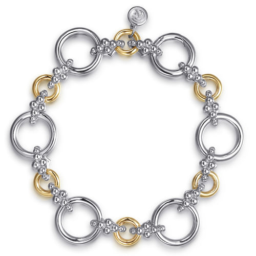 14K YELLOW GOLD AND STERLING SILVER BUJUKAN HOLLOW TUBE LINK CHAIN BRACELET