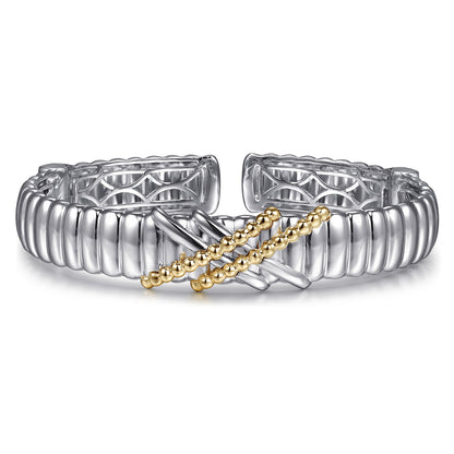 STERLING SILVER AND 14K YELLOW GOLD BUJUKAN SHRIMP CRISS CROSS BANGLE BRACELET