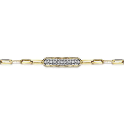 14 KARAT YELLOW GOLD HOLLOW PAPERCLIP CHAIN DIAMOND PAVE ID BRACELET