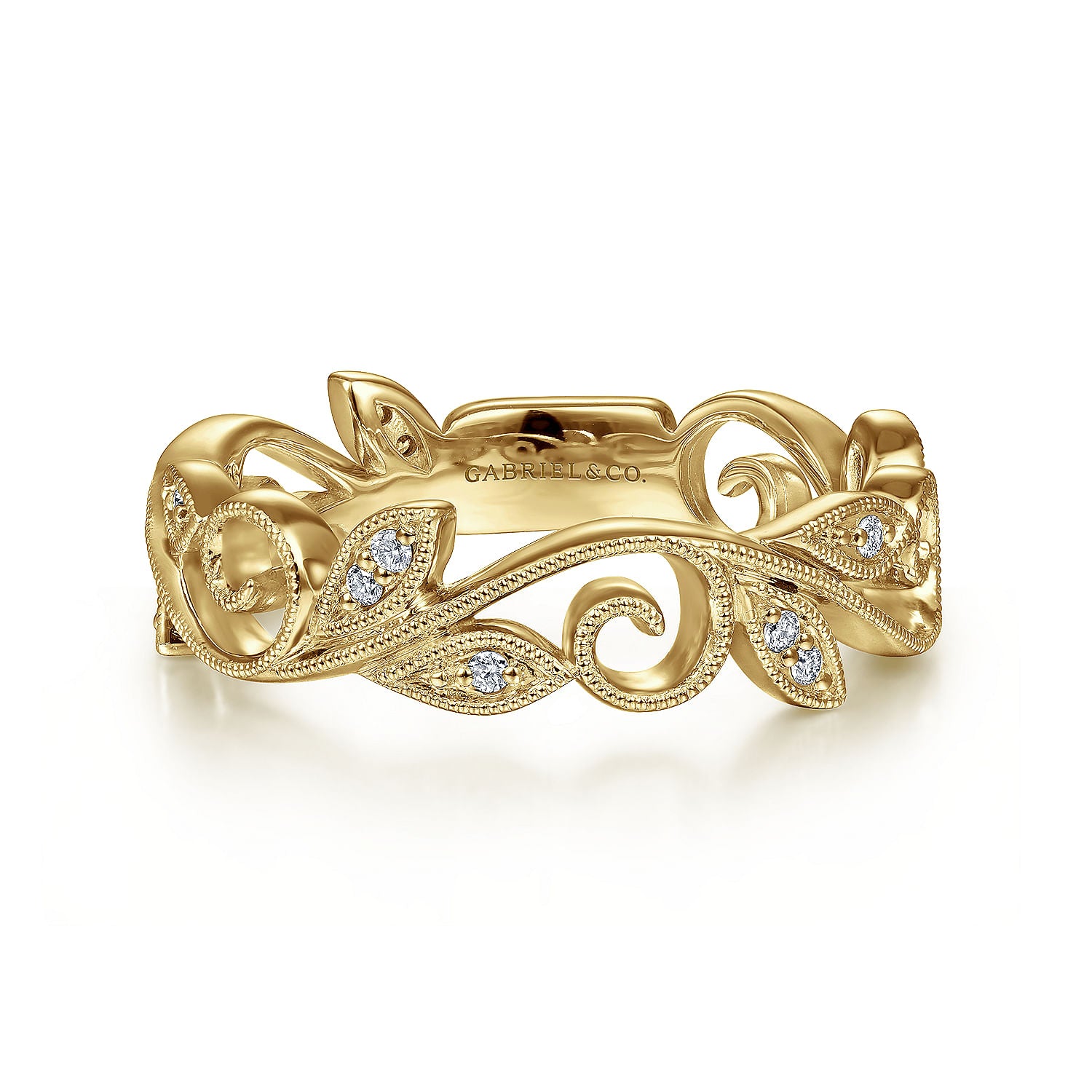 14K YELLOW GOLD SCROLLING FLORAL DIAMOND STACKABLE RING