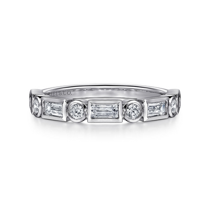 14K WHITE GOLD BEZEL SET BAGUETTE AND ROUND DIAMOND ANNIVERSARY BAND