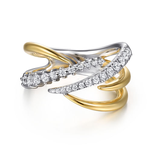 14K WHITE AND YELLOW GOLD DIAMOND SPIKE BYPASS RING