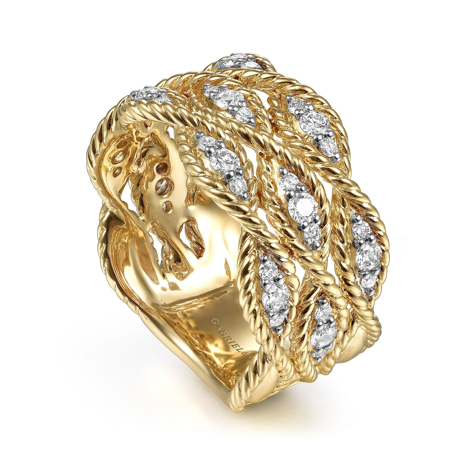 14K YELLOW GOLD TWISTED BRAIDED DIAMOND WIDE BAND RING