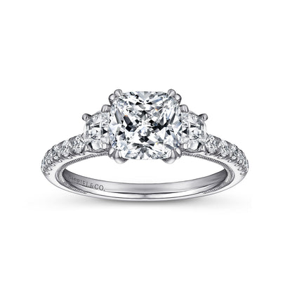 14K WHITE GOLD CUSHION CUT THREE STONE DIAMOND ENGAGEMENT RING