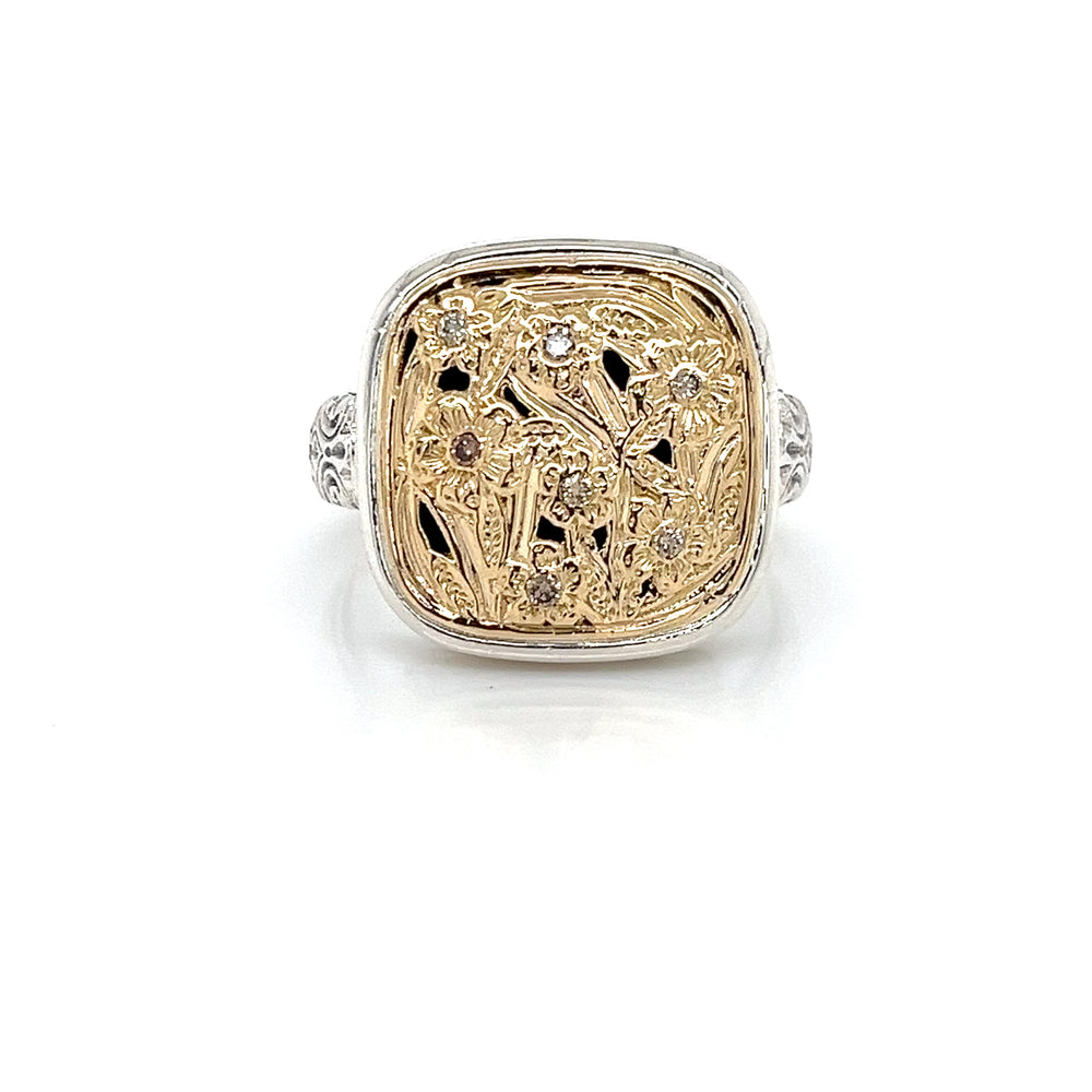 HARMONY SQUARE RING IN 18K GOLD AND SILVER WITH DIAMONDS