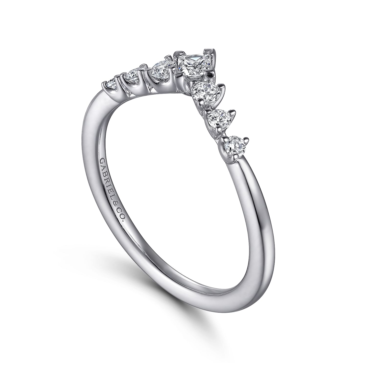 CURVED 14 KARAT WHITE GOLD PRINCESS CUT AND ROUND DIAMOND ANNIVERSARY BAND