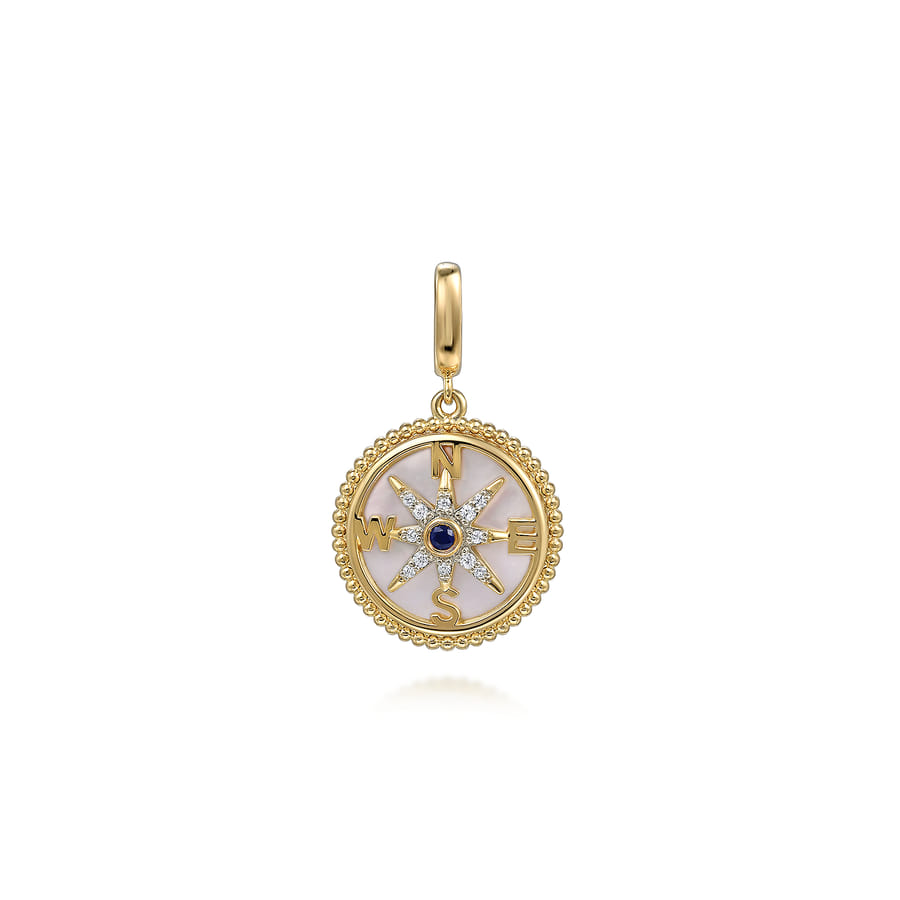 14 KARAT YELLOW GOLD 18MM BUJUKAN DIAMOND COMPASS AND MOTHER OF PEARL MEDALLION PENDANT WITH DETACHABLE BAIL