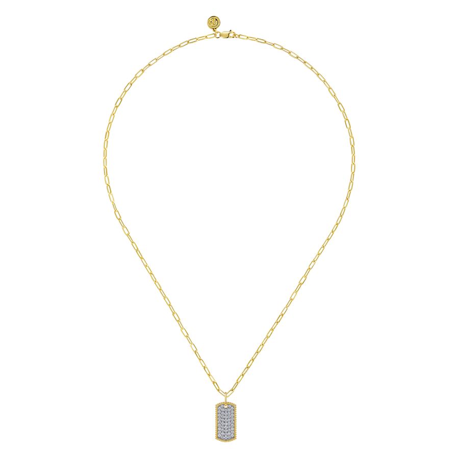 14K Yellow Gold Diamond Pave Dog Tag Hollow Chain Necklace