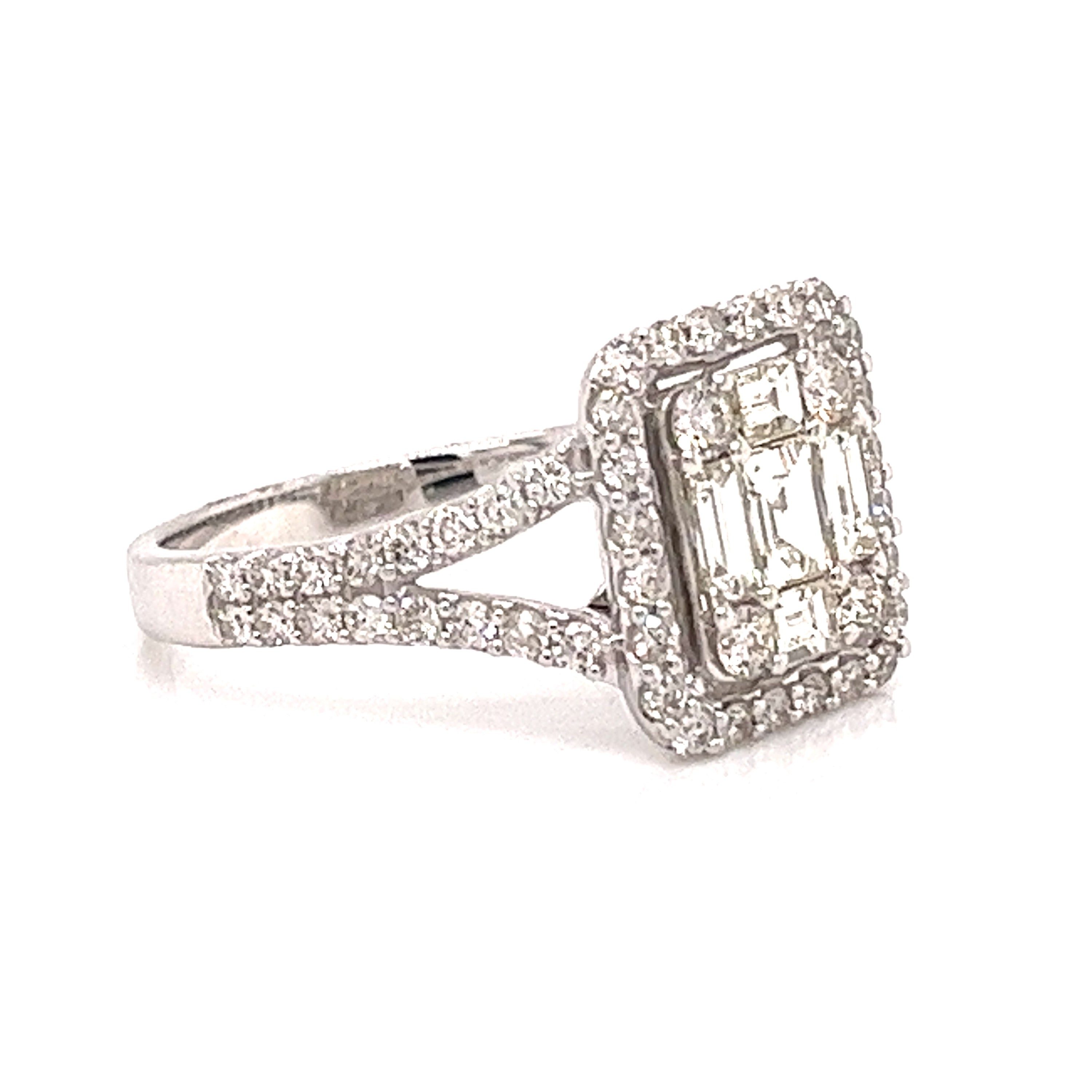 14KW BAGUETTE AND ROUND DIAMOND HALO RING