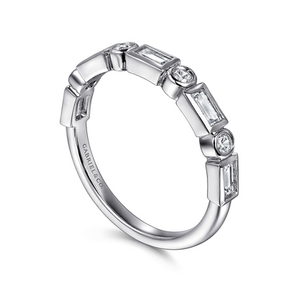 14K WHITE GOLD BEZEL SET BAGUETTE AND ROUND DIAMOND ANNIVERSARY BAND
