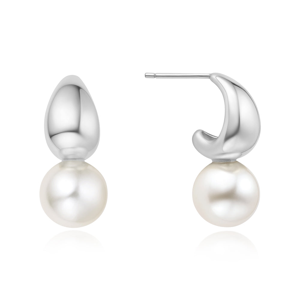 SILVER PEARL DOME HOOP EARRINGS