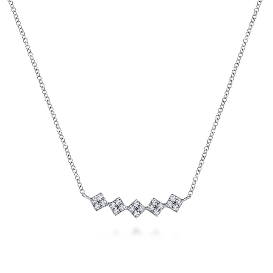 14K White Gold Square Station Diamond Pavé Curved Bar Necklace