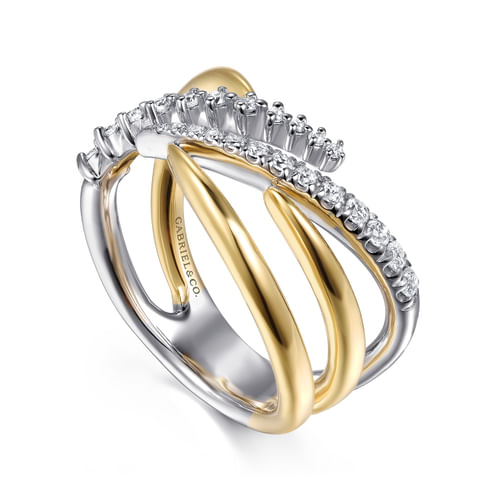 14K WHITE AND YELLOW GOLD DIAMOND SPIKE BYPASS RING