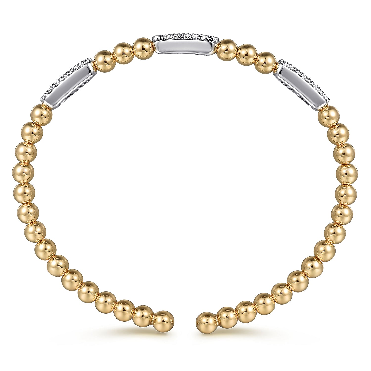 14 KARAT WHITE AND YELLOW GOLD DIAMOND PAVE THREE STATION BAR BUJUKAN BEADS BANGLE