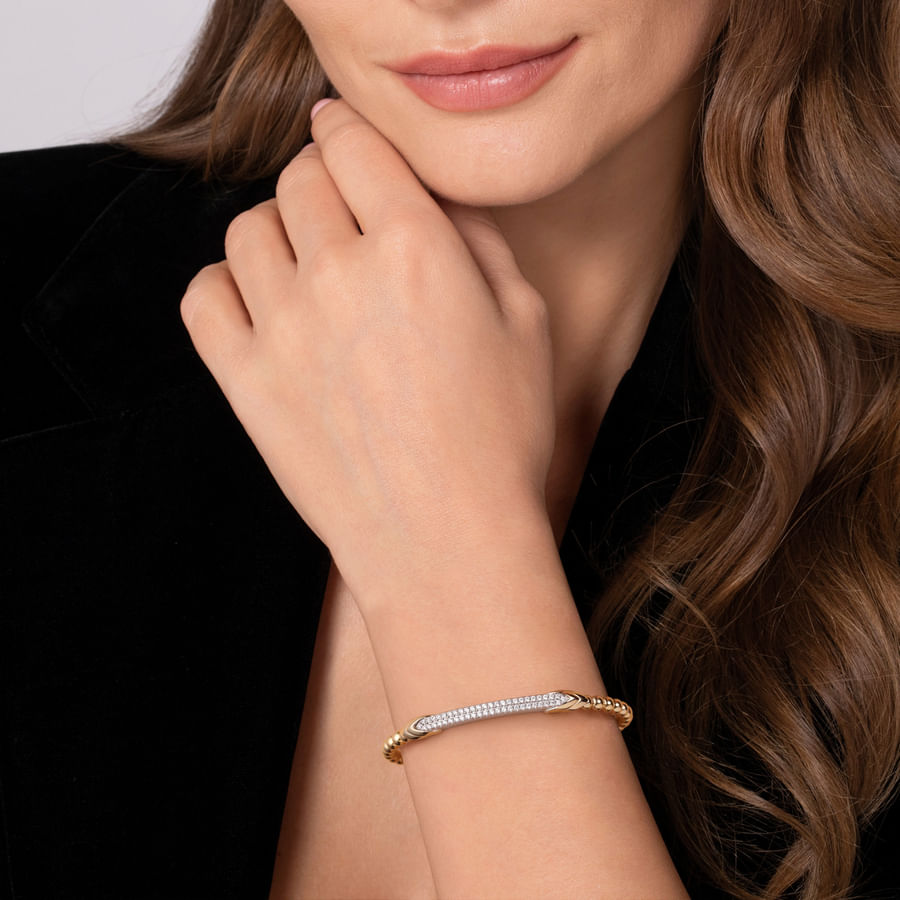 14K WHITE AND YELLOW BUJUKAN AND DIAMOND BAR SPLIT BANGLE BRACELET