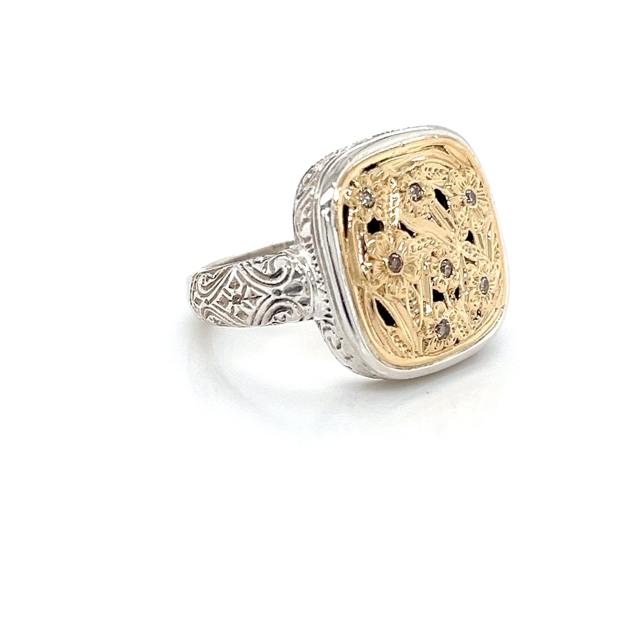 HARMONY SQUARE RING IN 18K GOLD AND SILVER WITH DIAMONDS