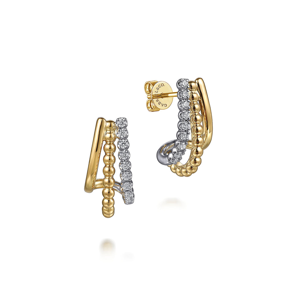 14K WHITE&YELLOW GOLD BUJUKAN DIAMOND 3 ROW J HOOP STUD EARRINGS