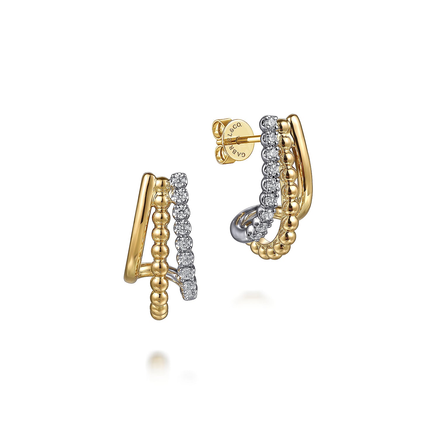 14K WHITE&YELLOW GOLD BUJUKAN DIAMOND 3 ROW J HOOP STUD EARRINGS