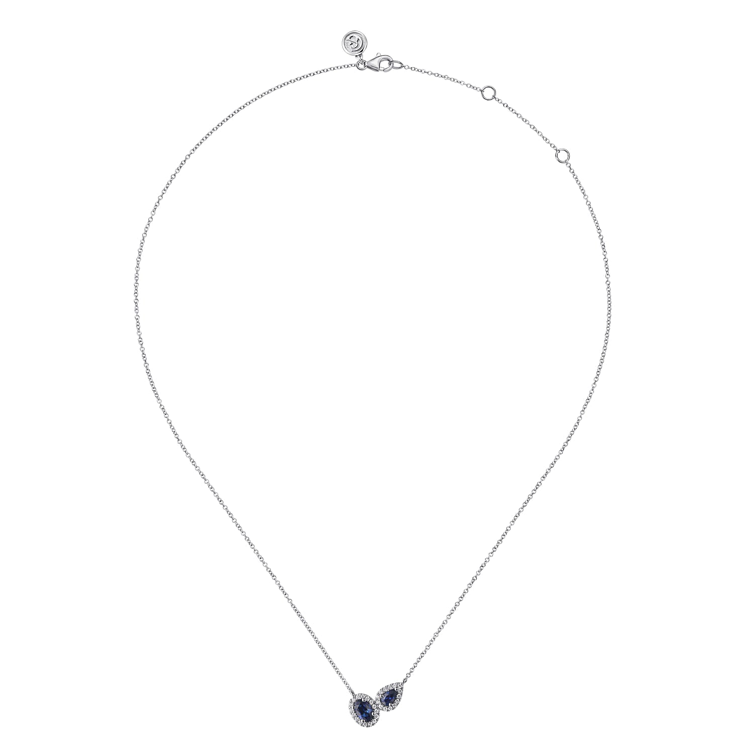 14 KARAT WHITE GOLD TOI ET MOI SAPPHIRE AND DIAMOND HALO NECKLACE