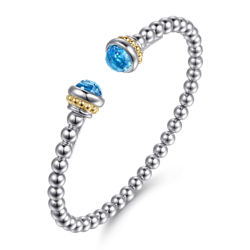 14K YELLOW GOLD AND STERLING SILVER BLUE TOPAZ BUJUKAN OPEN BANGLE