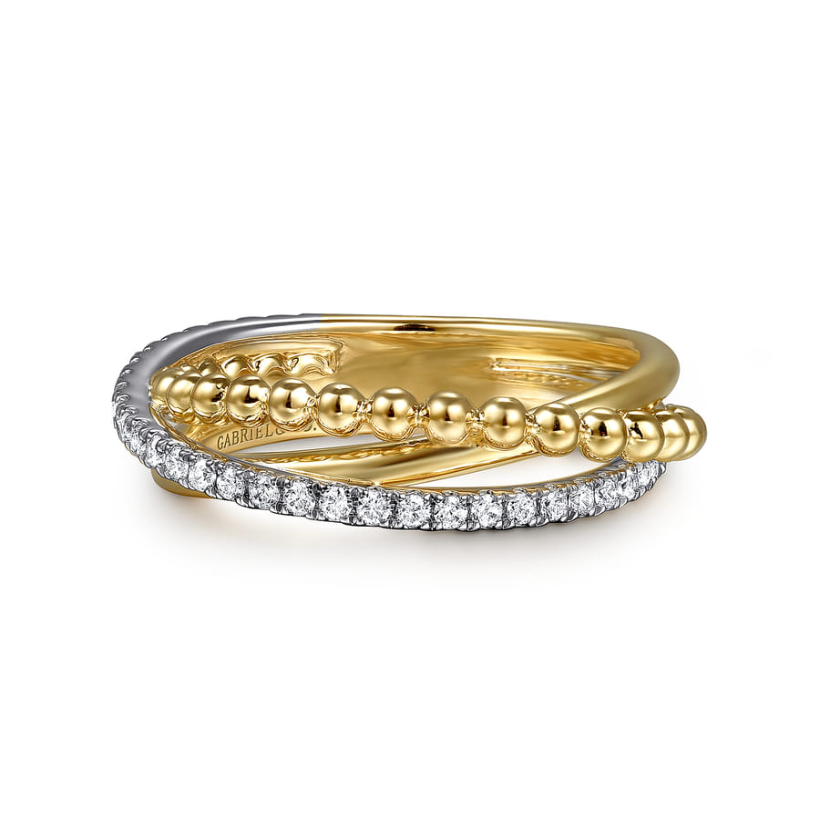14 KARAT WHITE & YELLOW GOLD BUJUKAN DIAMOND CRISS CROSS RING