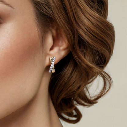 14K WHITE AND YELLOW GOLD DIAMOND J HOOP STUD EARRINGS WITH DIAMOND CUT TEXTURE