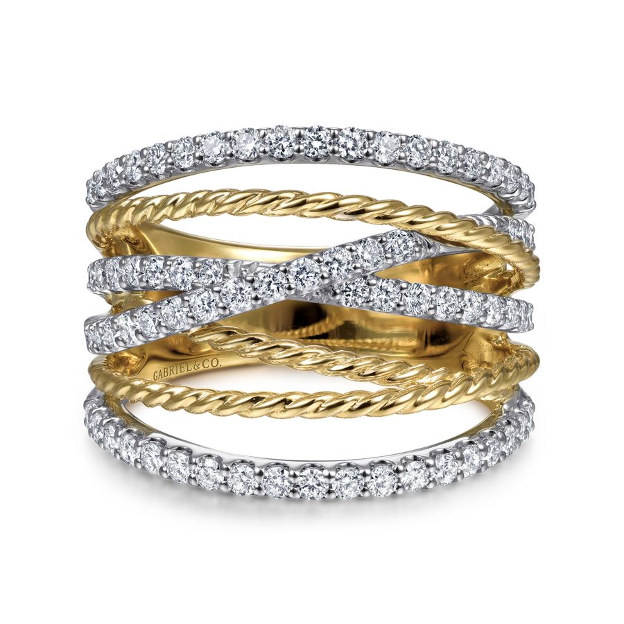 14K White-Yellow Gold Twisted Rope and Diamond Multi Row Ring