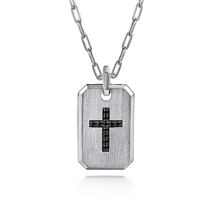 STERLING SILVER DOG TAG PENDANT WITH  BLACK SPINEL CROSS