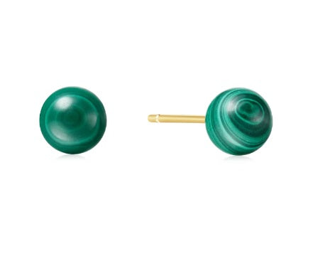 GOLD MALACHITE SPHERE STUD EARRINGS