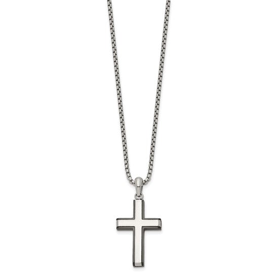 STAINLESS STEEL POLISHED BLACK IP- PLATED EDGES CROSS PENDANT ON A 20 IN BOX CHAIN