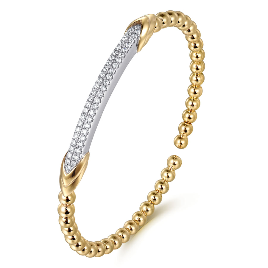 14K WHITE AND YELLOW BUJUKAN AND DIAMOND BAR SPLIT BANGLE BRACELET