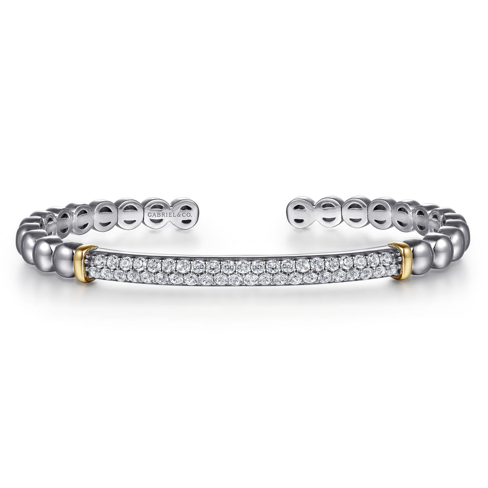 14 KARAT YELLOW GOLD AND STERLING SILVER BUJUKAN WHITE SAPPHIRE OPEN BANGLE BRACELET