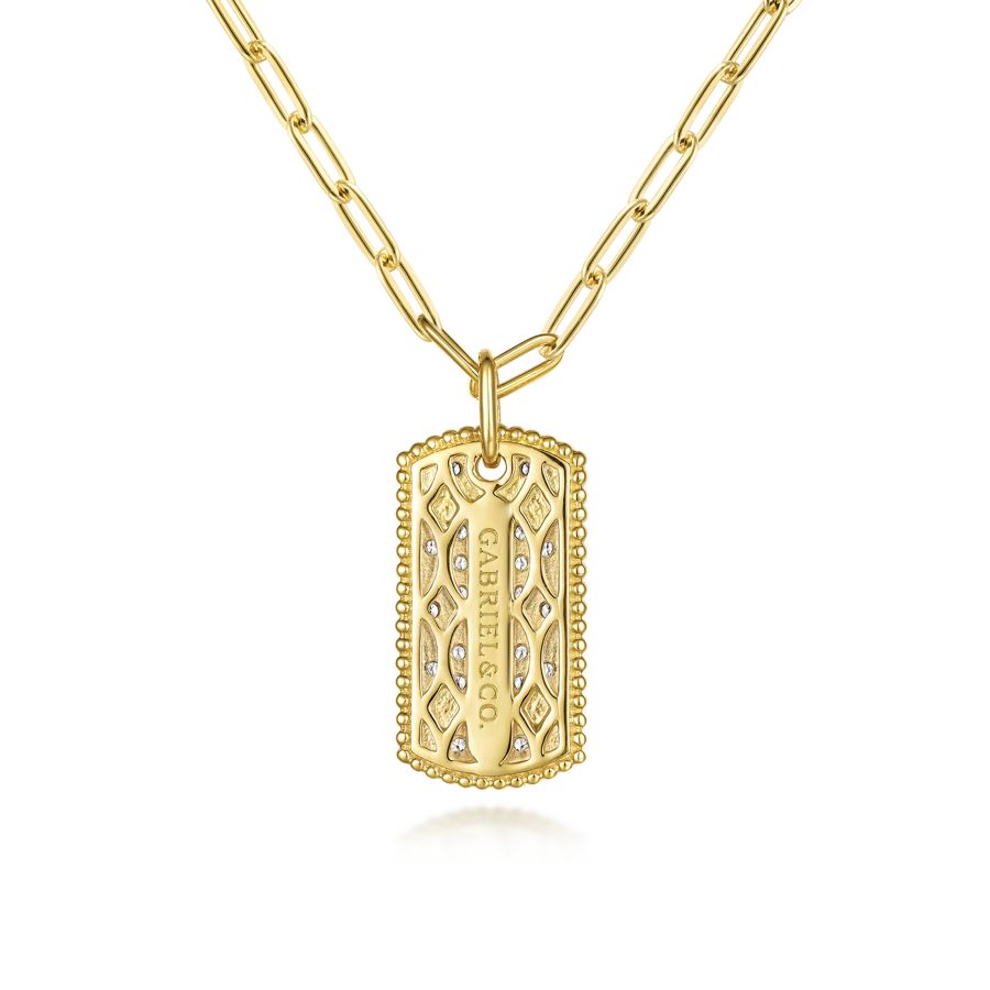 14K Yellow Gold Diamond Pave Dog Tag Hollow Chain Necklace