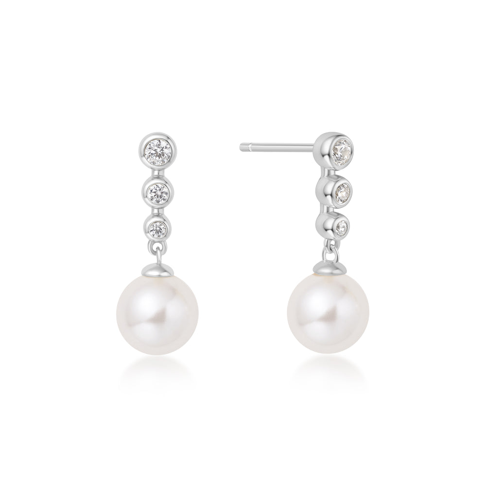 SILVER TENNIS BEADED STONE PEARL DROP STUD EARRINGS