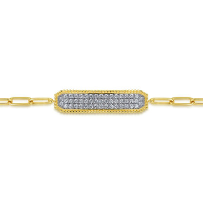 14K Yellow Gold Diamond Pave Wide Bar Hollow Chain Bracelet